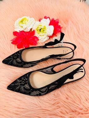 Pointed Toe Lace London Flats Sling Backs Black Sz 8 NEW!
